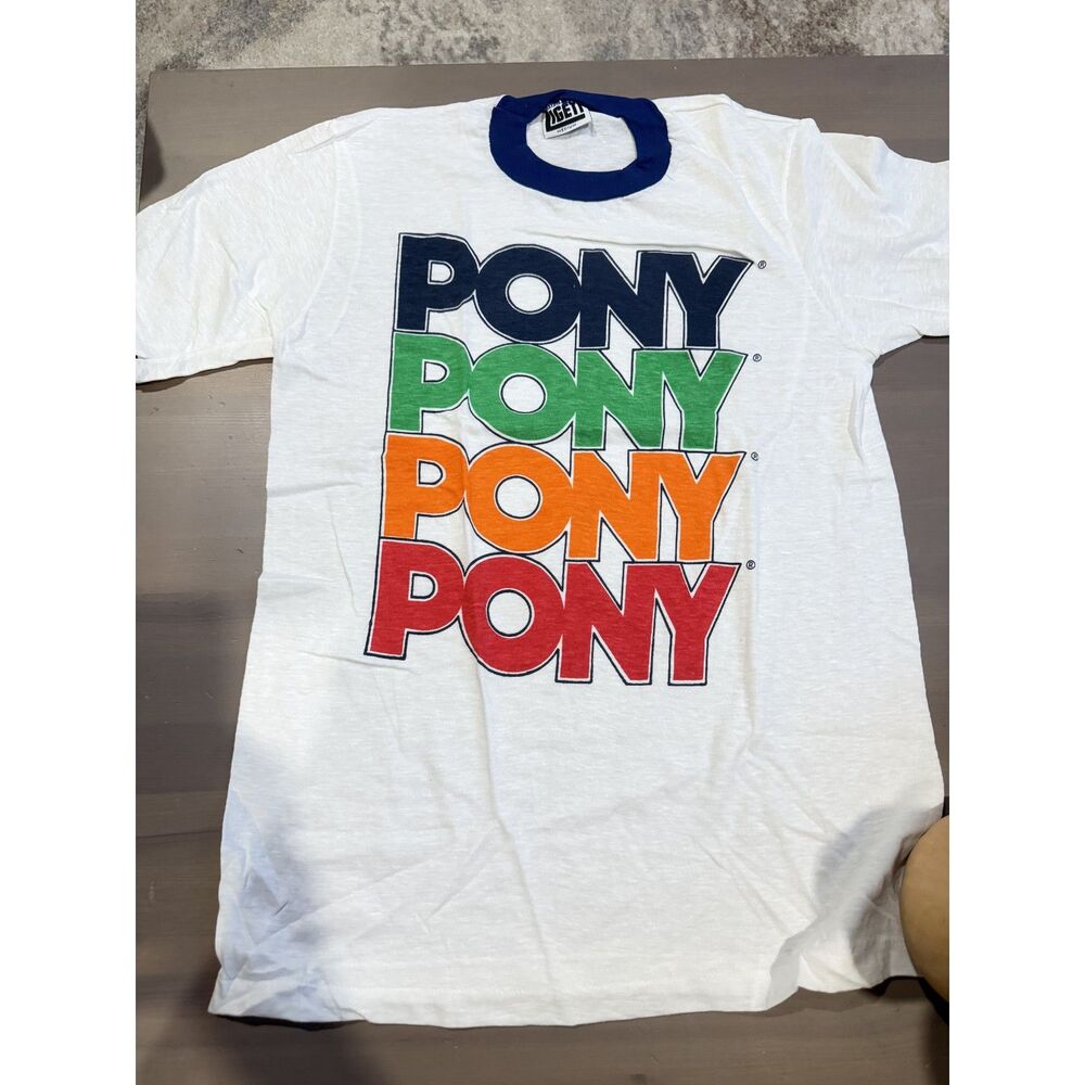 PONY vintage- retro Medium White Graphic T-Shirt Multicolor Logo Short Sleeve